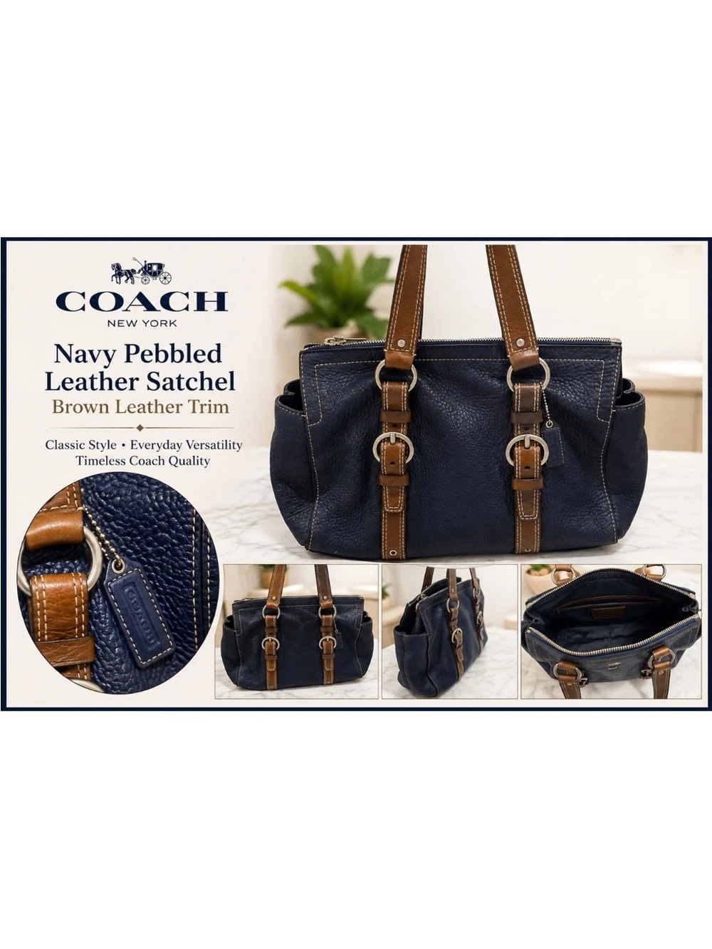 Coach Navy Shoulder Bag with Brown Leather Trim